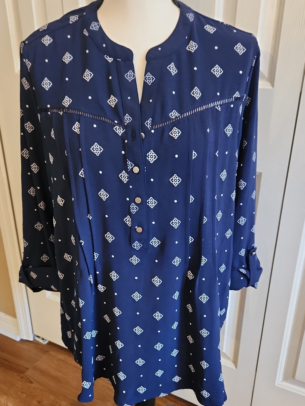 Kim Rogers Navy Geometric Button-Front Tunic